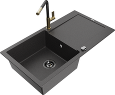 Mexen Leo granite kitchen sink single-bowl with drainer and Flora kitchen faucet, black speckled - 6501-76-670401-75-B