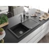 Mexen Leo granite sink 1-bowl with drainer and Flora kitchen tap, black - 6501-77-670401-00