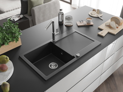 Mexen Leo granite kitchen sink 1-bowl with drainer and Flora kitchen faucet, black - 6501-77-670401-00