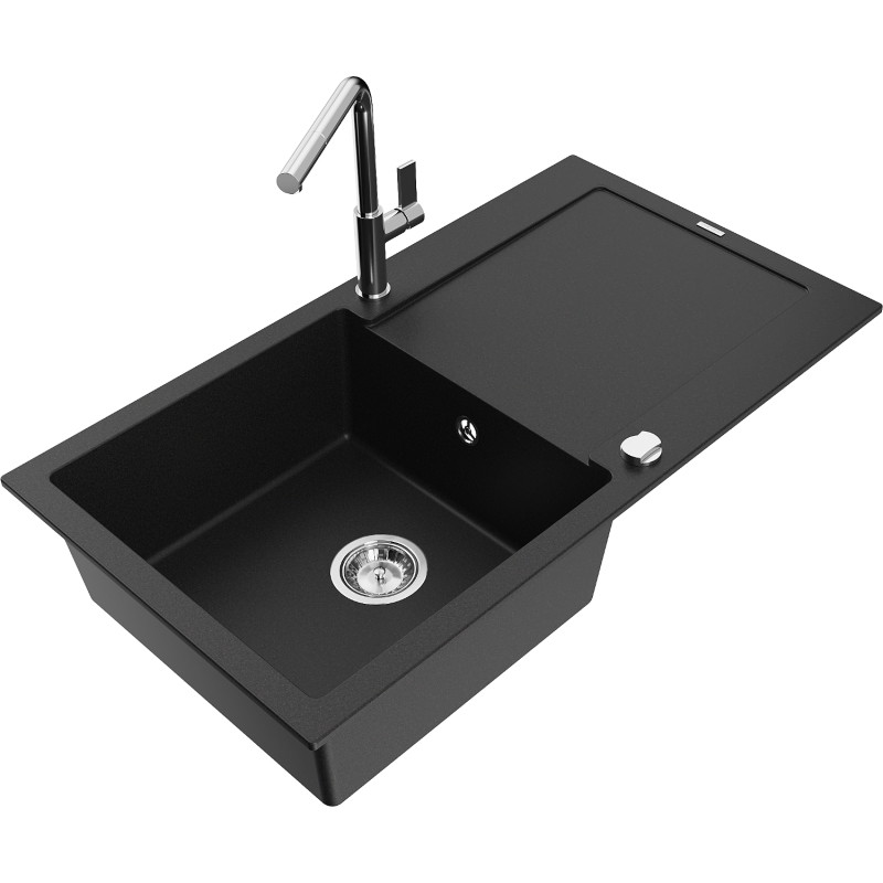 Mexen Leo granite 1-bowl sink with drainer and Flora kitchen faucet, black - 6501-77-670401-00