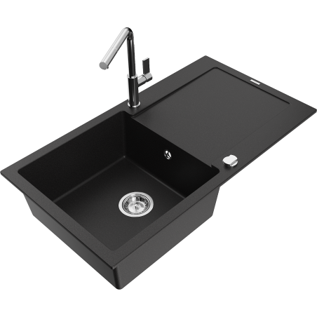Mexen Leo granite kitchen sink 1-bowl with drainer and Flora kitchen faucet, black - 6501-77-670401-00