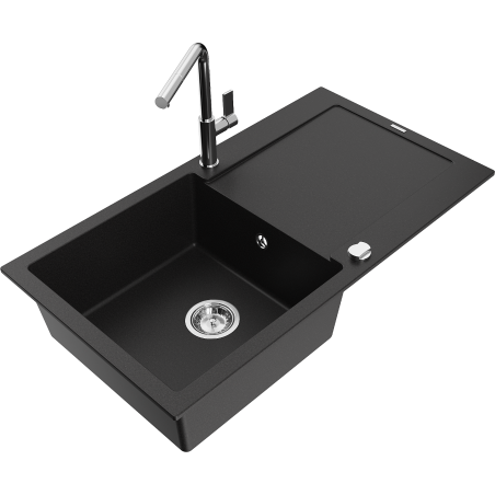 Mexen Leo granite sink 1-bowl with drainer and Flora kitchen tap, black - 6501-77-670401-00