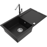 Mexen Leo granite kitchen sink 1-bowl with drainer and Flora kitchen faucet, black - 6501-77-670401-00