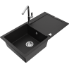 Mexen Leo granite sink 1-bowl with drainer and Flora kitchen tap, black - 6501-77-670401-00