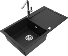 Mexen Leo granite kitchen sink 1-bowl with drainer and Flora kitchen faucet, black - 6501-77-670401-00