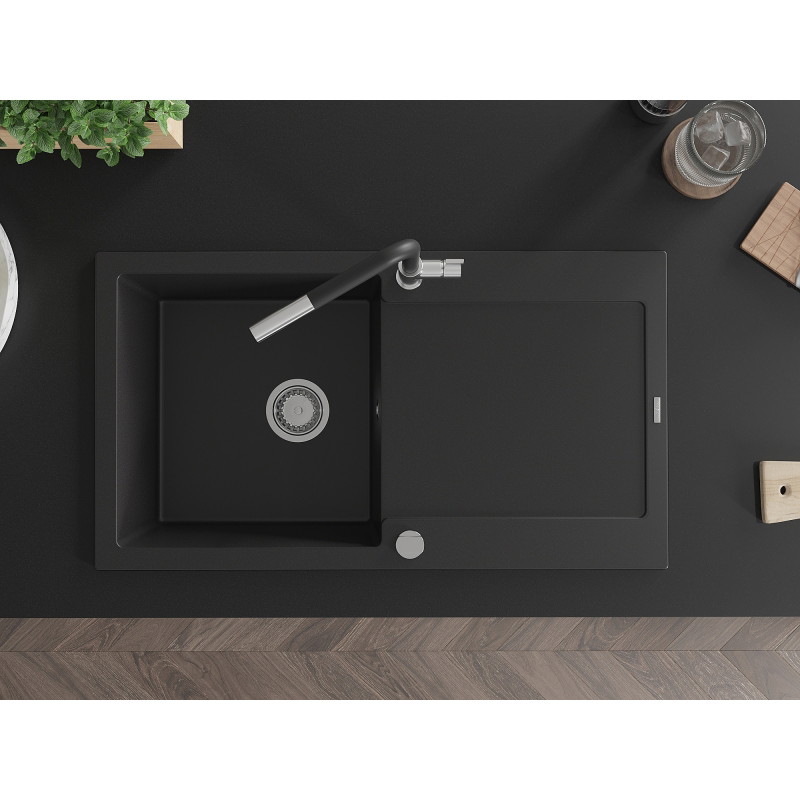 Mexen Leo granite kitchen sink 1-bowl with drainer and Flora faucet, black - 6501-77-670401-07