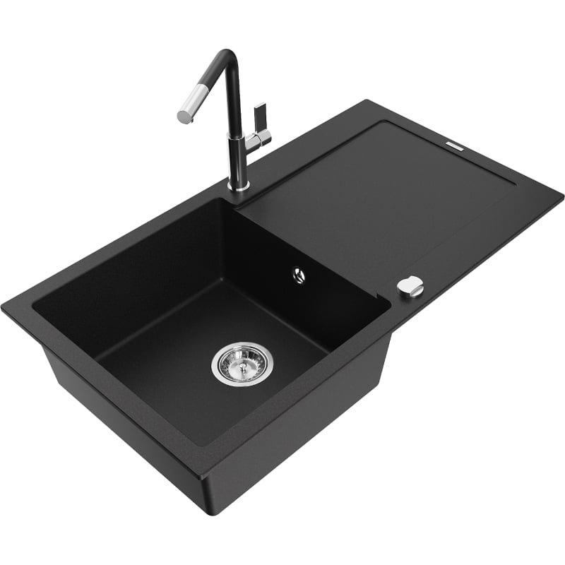 Mexen Leo 1-bowl granite sink with drainer and Flora kitchen faucet, black - 6501-77-670401-07