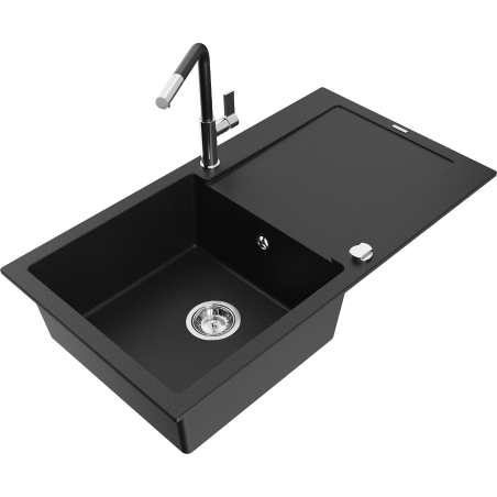 Mexen Leo granite kitchen sink 1-bowl with drainer and Flora faucet, black - 6501-77-670401-07