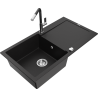 Mexen Leo 1-bowl granite sink with drainer and Flora kitchen faucet, black - 6501-77-670401-07