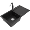 Mexen Leo granite kitchen sink 1-bowl with drainer and Flora faucet, black - 6501-77-670401-07