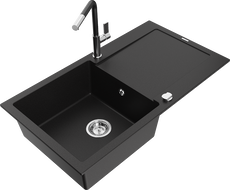 Mexen Leo granite kitchen sink 1-bowl with drainer and Flora faucet, black - 6501-77-670401-07