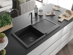 Mexen Leo granite kitchen sink 1-bowl with drainer and Flora kitchen faucet, black - 6501-77-670401-07-B