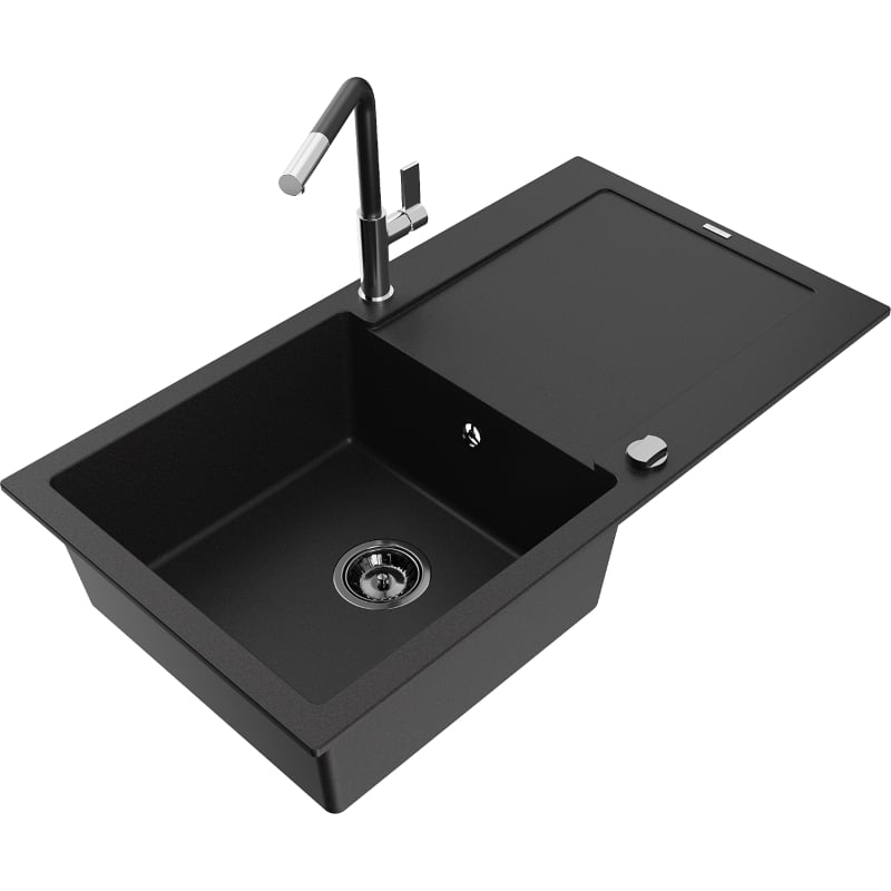 Mexen Leo granite single-bowl kitchen sink with drainer and Flora faucet, black - 6501-77-670401-07-B