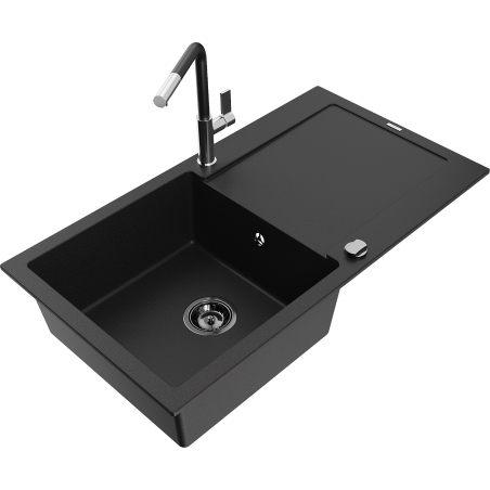 Mexen Leo granite single-bowl kitchen sink with drainer and Flora faucet, black - 6501-77-670401-07-B