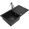 Mexen Leo granite kitchen sink 1-bowl with drainer and Flora kitchen faucet, black - 6501-77-670401-07-B