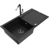Mexen Leo granite single-bowl kitchen sink with drainer and Flora faucet, black - 6501-77-670401-07-B