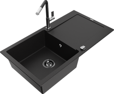 Mexen Leo granite kitchen sink 1-bowl with drainer and Flora kitchen faucet, black - 6501-77-670401-07-B