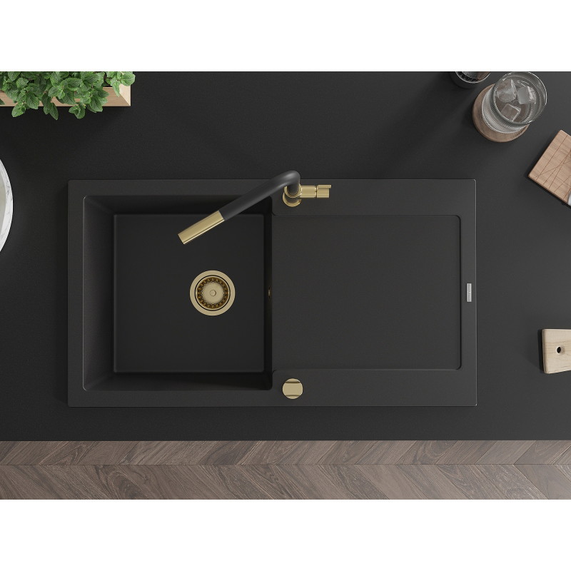 Mexen Leo 1-bowl granite sink with drainer and Flora kitchen faucet, black - 6501-77-670401-57-G