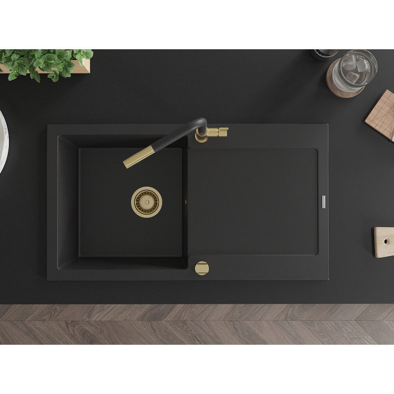 Mexen Leo 1-bowl granite sink with drainer and Flora kitchen tap, black - 6501-77-670401-57-G