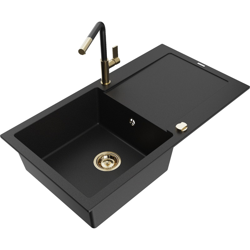 Mexen Leo 1-bowl granite sink with drainer and Flora kitchen faucet, black - 6501-77-670401-57-G