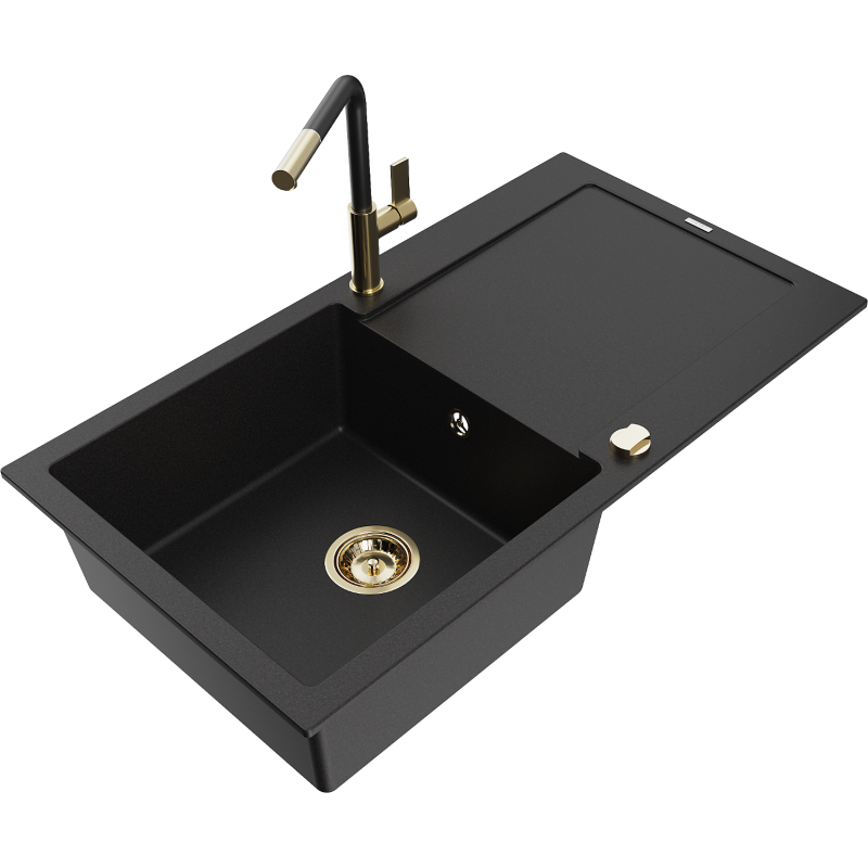 Mexen Leo 1-compartment granite sink with a drip tray and kitchen mixer tap Flora, Black - 6501-77-670401-57-G