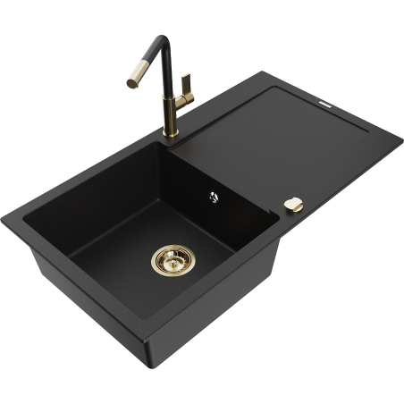 Mexen Leo 1-bowl granite sink with drainer and Flora kitchen faucet, black - 6501-77-670401-57-G