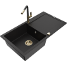 Mexen Leo 1-bowl granite sink with drainer and Flora kitchen tap, black - 6501-77-670401-57-G