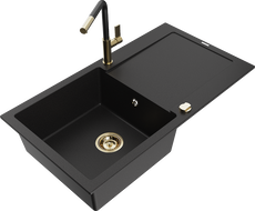 Mexen Leo 1-bowl granite sink with drainer and Flora kitchen tap, black - 6501-77-670401-57-G