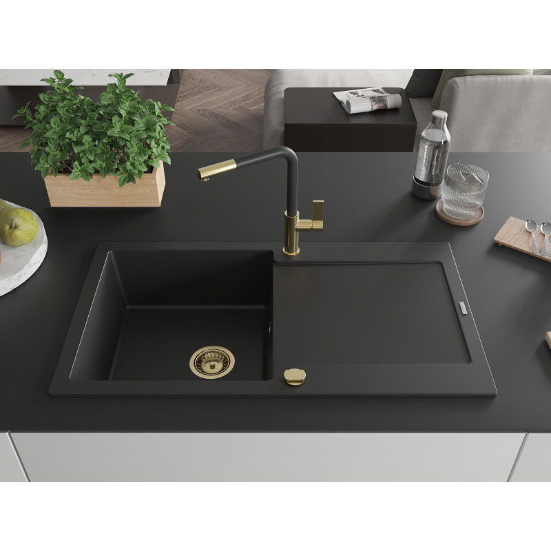 Mexen Leo 1-bowl granite sink with drainer and Flora kitchen tap, black - 6501-77-670401-57-G
