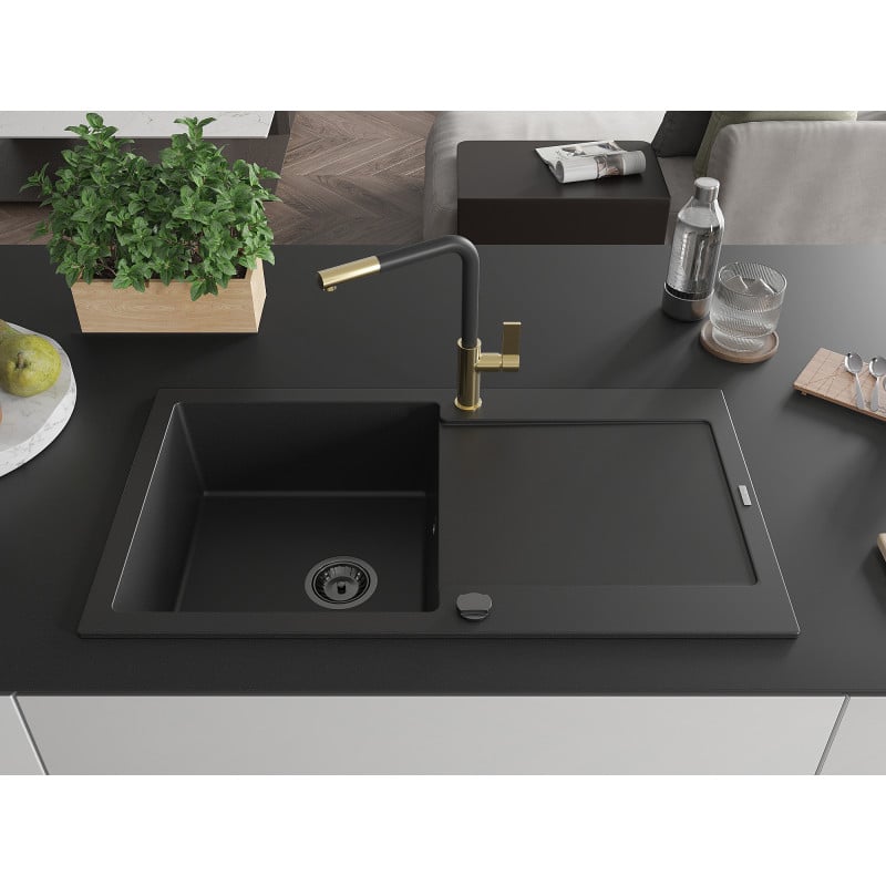 Mexen Leo granite kitchen sink 1-bowl with drainer and Flora kitchen tap, black - 6501-77-670401-57-B