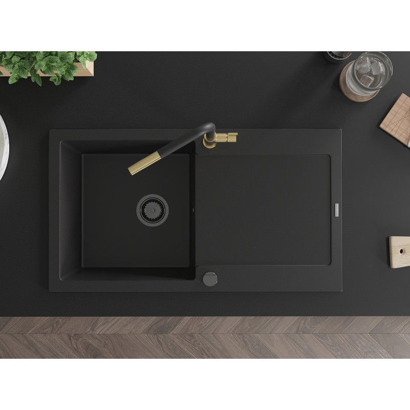 Mexen Leo granite kitchen sink 1-bowl with drainer and Flora kitchen tap, black - 6501-77-670401-57-B