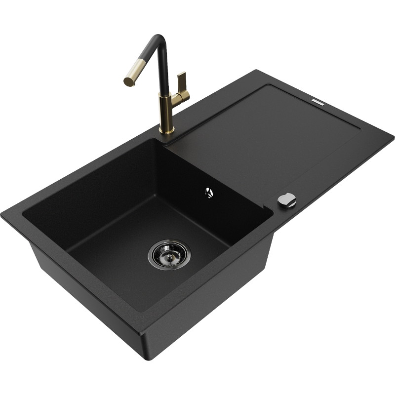 Mexen Leo 1-bowl Granite Sink with Drainer and Flora Kitchen Faucet, Black - 6501-77-670401-57-B