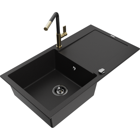 Mexen Leo granite kitchen sink with 1 compartment, drainer, and Flora kitchen faucet, black - 6501-77-670401-57-B