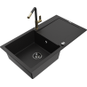 Mexen Leo granite kitchen sink with 1 compartment, drainer, and Flora kitchen faucet, black - 6501-77-670401-57-B