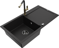 Mexen Leo granite kitchen sink 1-bowl with drainer and Flora kitchen tap, black - 6501-77-670401-57-B
