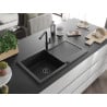 Mexen Leo 1-bowl granite kitchen sink with drainer and Flora kitchen tap, black - 6501-77-670401-70-B