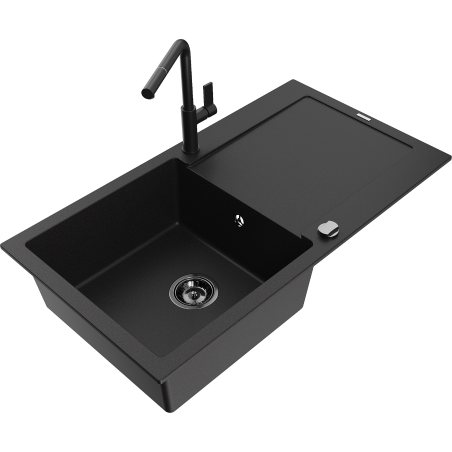 Mexen Leo granite kitchen sink 1-bowl with drainer and Flora kitchen faucet, black - 6501-77-670401-70-B