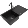 Mexen Leo granite kitchen sink 1-bowl with drainer and Flora kitchen faucet, black - 6501-77-670401-70-B
