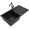 Mexen Leo granite sink 1-bowl with drainer and Flora kitchen faucet, black - 6501-77-670401-70-B