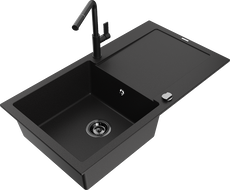 Mexen Leo granite sink 1-bowl with drainer and Flora kitchen faucet, black - 6501-77-670401-70-B