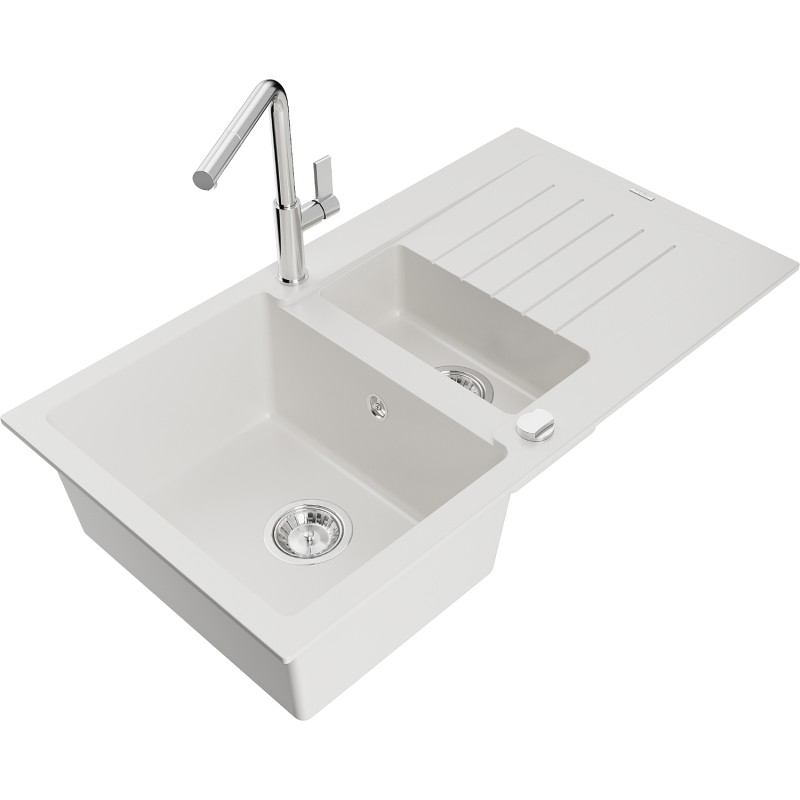 Mexen Matias 1.5-bowl granite sink with drainer and Flora kitchen faucet, white - 6502-20-670401-00