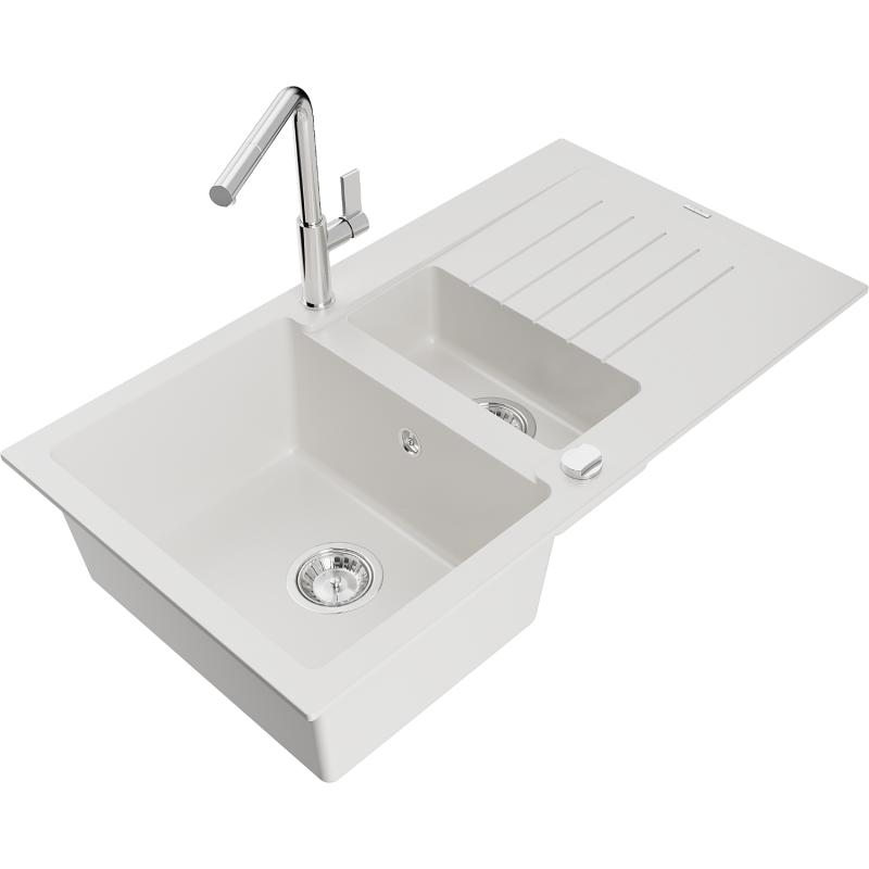 Mexen Matias 1.5-compartment granite sink with a drip tray and kitchen mixer tap Flora, White - 6502-20-670401-00