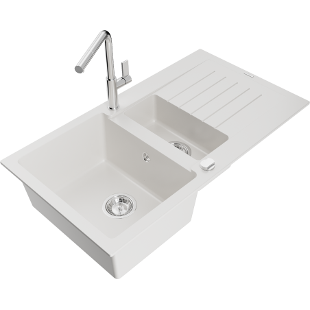 Mexen Matias 1.5-compartment granite sink with a drip tray and kitchen mixer tap Flora, White - 6502-20-670401-00