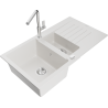 Mexen Matias 1.5-bowl granite sink with drainer and Flora kitchen faucet, white - 6502-20-670401-00