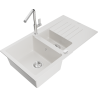 Mexen Matias 1.5-compartment granite sink with a drip tray and kitchen mixer tap Flora, White - 6502-20-670401-00