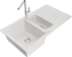 Mexen Matias 1.5-bowl granite sink with drainer and Flora kitchen faucet, white - 6502-20-670401-00