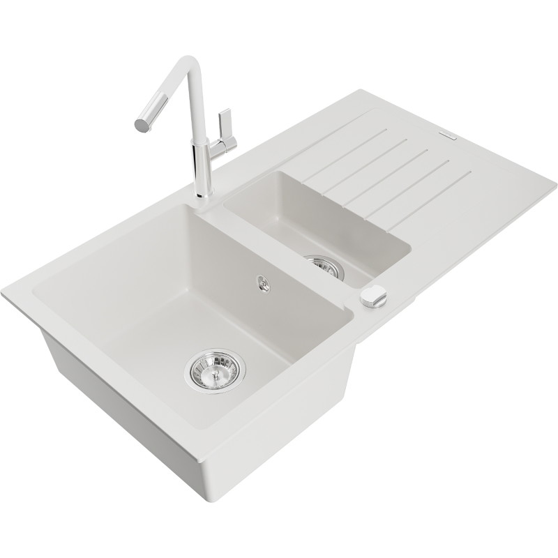 Mexen Matias granite sink 1.5-bowl with drainer and Flora kitchen faucet, white - 6502-20-670401-02