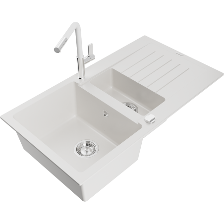 Mexen Matias 1.5-compartment granite sink with a drip tray and kitchen mixer tap Flora, White - 6502-20-670401-02