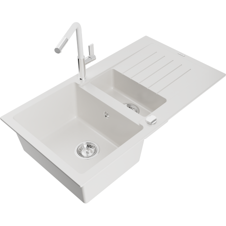 Mexen Matias Granite Sink 1.5-Bowl with Drainer and Kitchen Tap Flora, White - 6502-20-670401-02