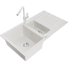 Mexen Matias Granite Sink 1.5-Bowl with Drainer and Kitchen Tap Flora, White - 6502-20-670401-02